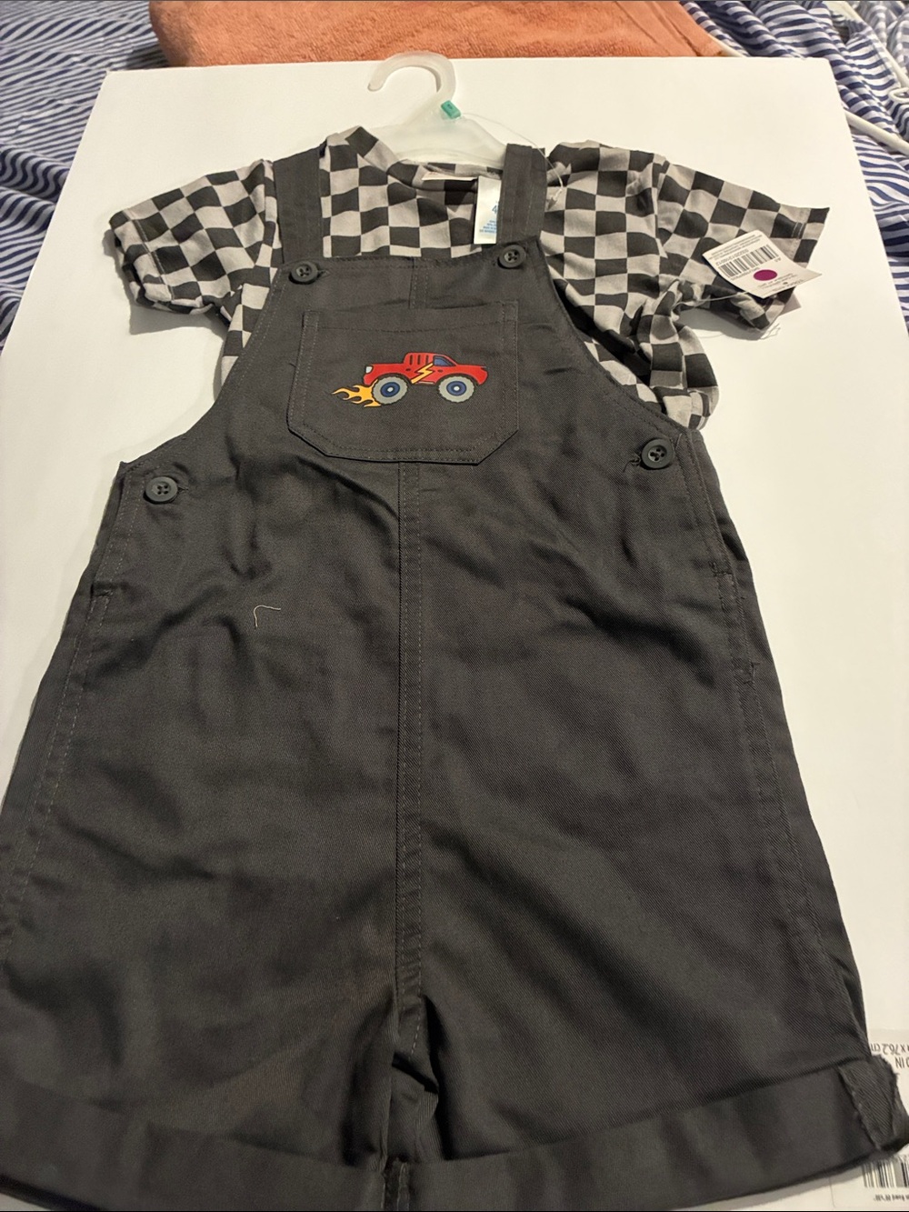 Kidgets Dark Gray Shortalls with Red Race Car Patch